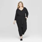 Women's Plus Size 3/4th Sleeve V-neck Belted Jumpsuit - Prologue Black