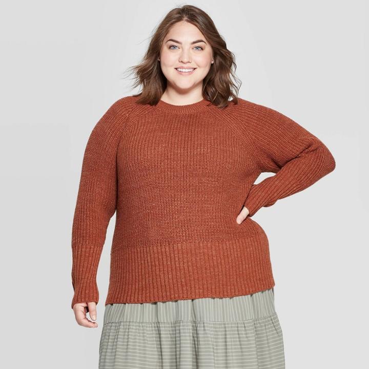 Women's Plus Size Long Sleeve Crewneck Pullover Sweater - Universal Thread Brown X