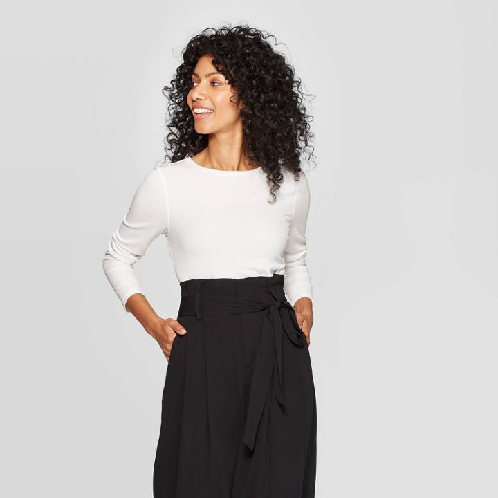 Women's Slim Fit Long Sleeve Crewneck Luxe Rib T-shirt - A New Day Fresh White