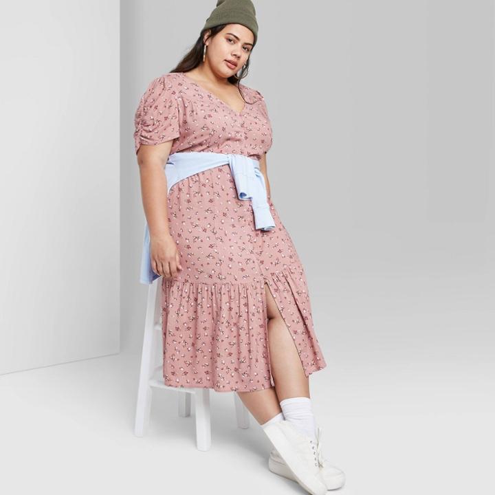 Women's Plus Size Floral Print Short Sleeve V-neck Button-down Midi Dress - Wild Fable Rose 1x, Women's,