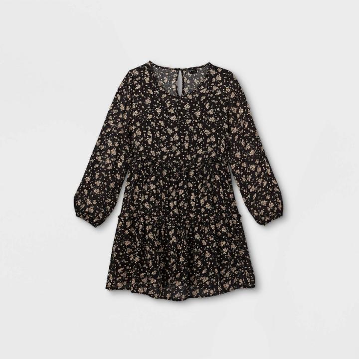 Girls' Long Sleeve Woven Tiered Dress - Art Class Black