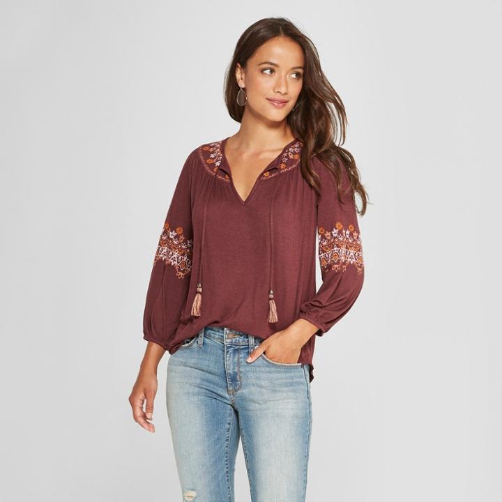 Women's Long Sleeve Embroidered Split Neck Blouse - Knox Rose Red