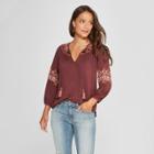 Women's Long Sleeve Embroidered Split Neck Blouse - Knox Rose Red