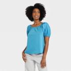 Women's Puff Short Sleeve Tie-back Top - A New Day Blue