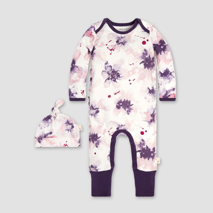 Burt's Bees Baby Girls' Organic Cotton Exploded Petals Ruffle Coverall & Hat Set - Aubergine