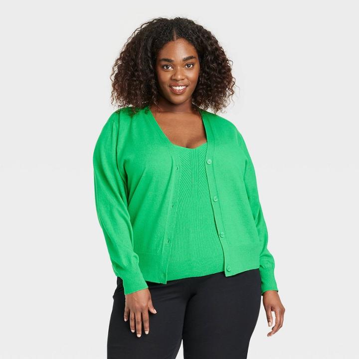 Women's Plus Size Button-front Fine Gauge Ribbed Cardigan - A New Day Light Green
