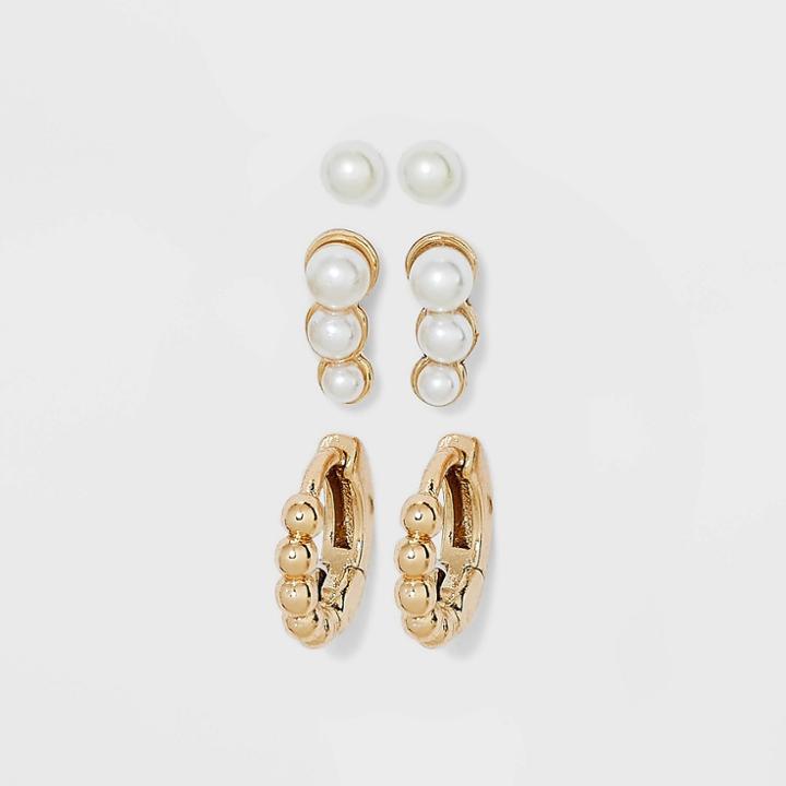 Pearl Studs And Hoop Earring Set 3pc - A New Day White