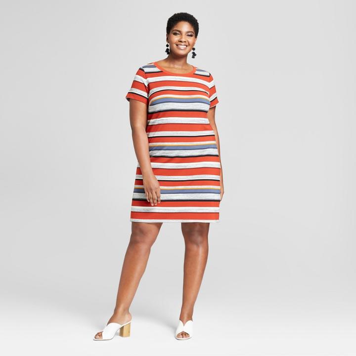 Women's Plus Size Striped T-shirt Dress - Ava & Viv Brown