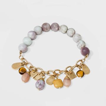 Semi-precious Gold Tiger Eye, Honey Topaz, Pink Aventurine And Lilac Lepidolite Charms And Chain Stretch Bracelet - Universal Thread Blush Pink