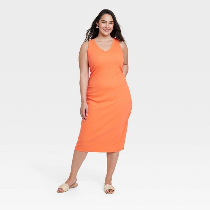 Women's Plus Size Sleeveless Rib Knit Side Ruched Dress - A New Day Orange