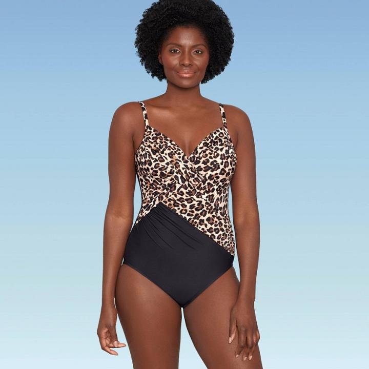 Women's Slimming Control Cross Front One Piece Swimsuit - Dreamsuit By Miracle Brands Animal Print