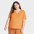 Women's Plus Size Short Sleeve V-neck Drapey T-shirt - A New Day Orange
