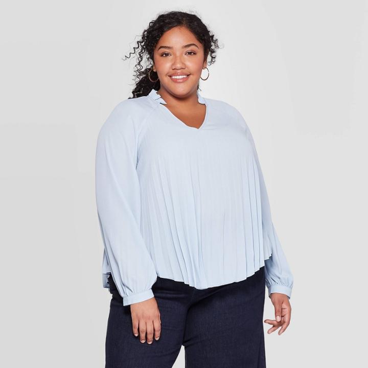Women's Plus Size Long Sleeve V-neck Pleated Raglan Top - Ava & Viv