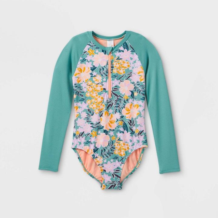 Girls' Floral Print Ribbed Long Sleeve One Piece Rash Guard - Cat & Jack Green