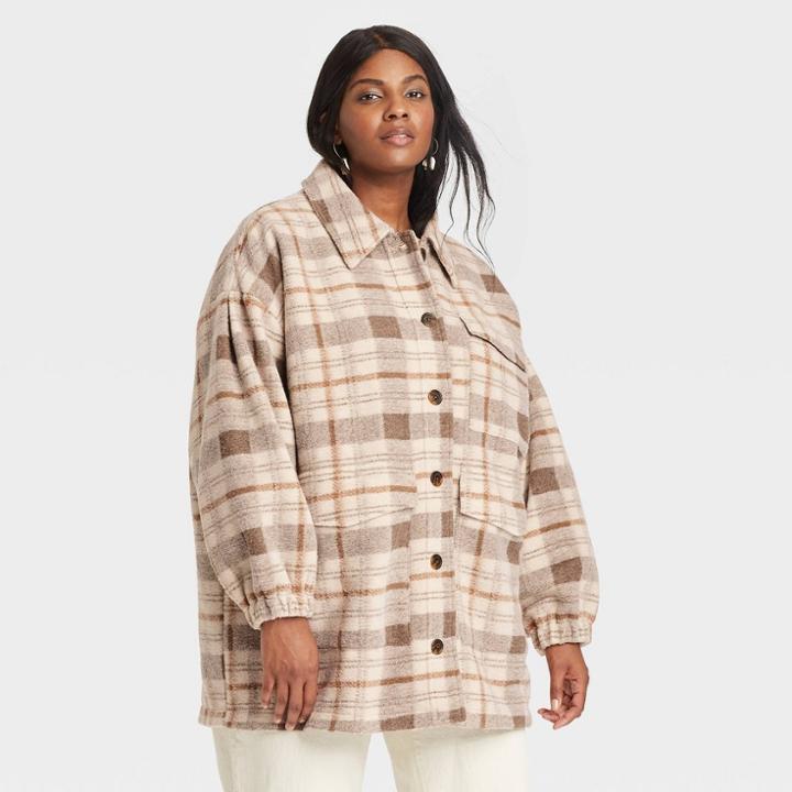 Women's Plus Size Plaid Shirt Shacket - Universal Thread Brown