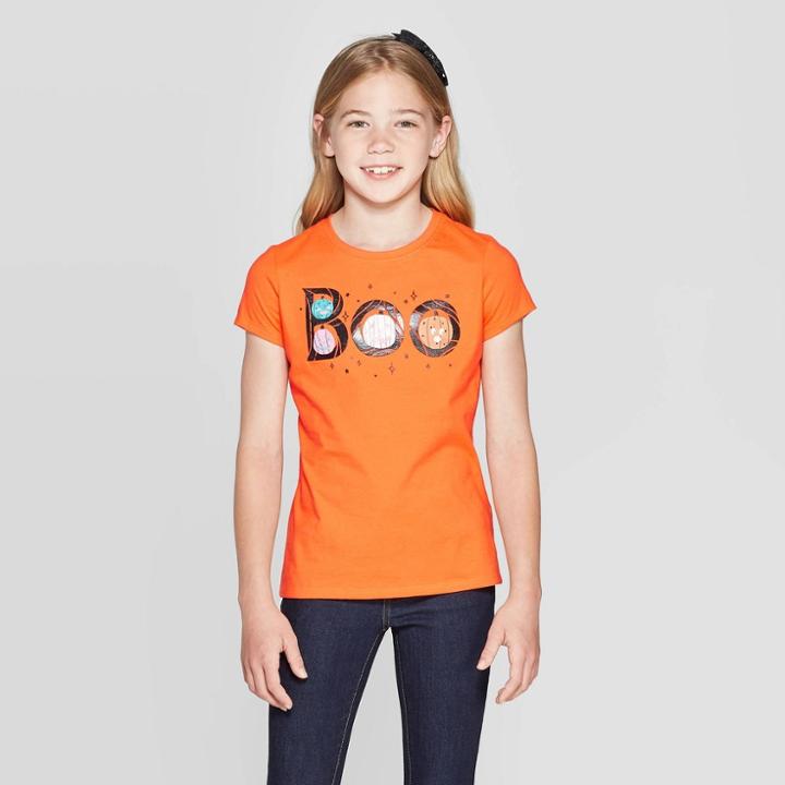 Girls' Short Sleeve Boo Halloween Graphic T-shirt - Cat & Jack Orange