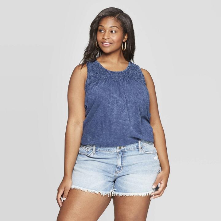 Women's Plus Size Crewneck Smocked Tank Top - Universal Thread Indigo (blue)