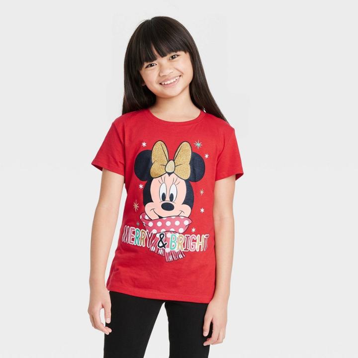 Girls' Disney Minnie Mouse Holiday Short Sleeve Graphic T-shirt - Red