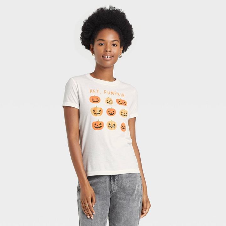 Mighty Fine Women's Halloween Pumpkin Grid Short Sleeve Graphic T-shirt - White