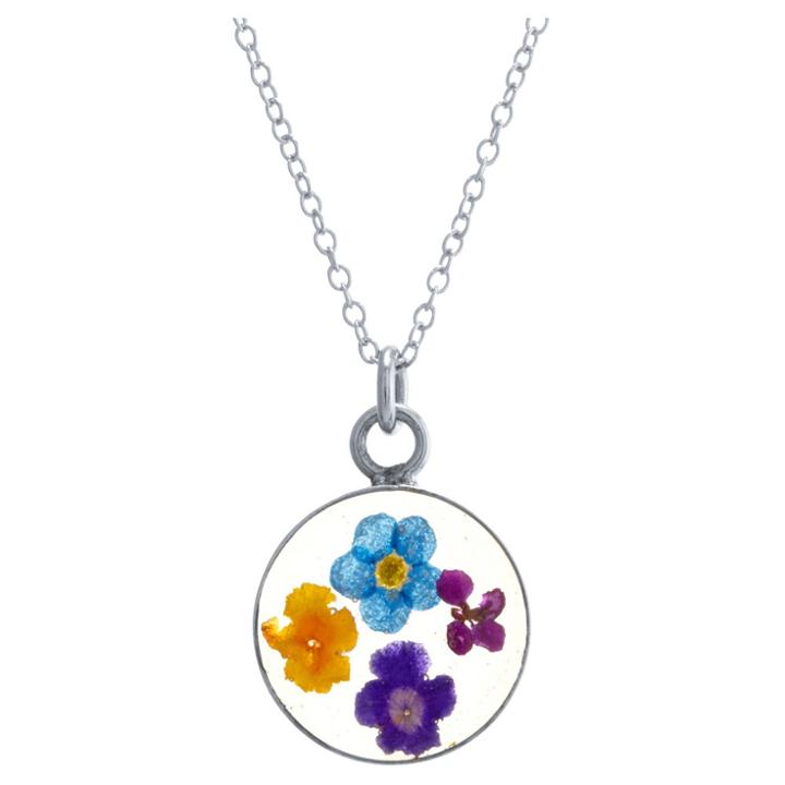 Distributed By Target Women's Sterling Silver Pressed Flowers Small Round Pendant