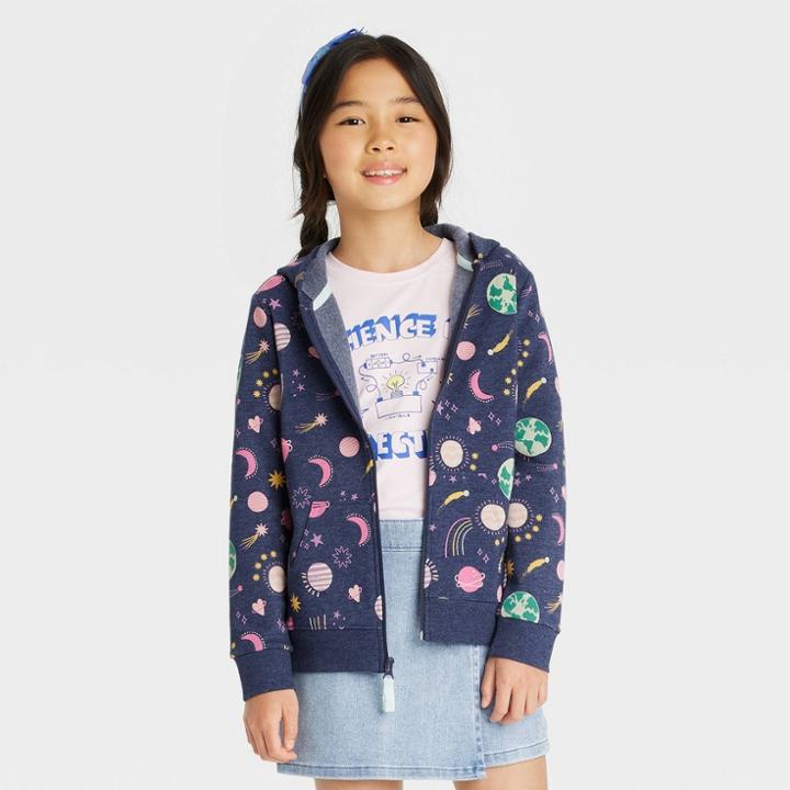 Girls' Printed Zip-up Fleece Hoodie - Cat & Jack Navy