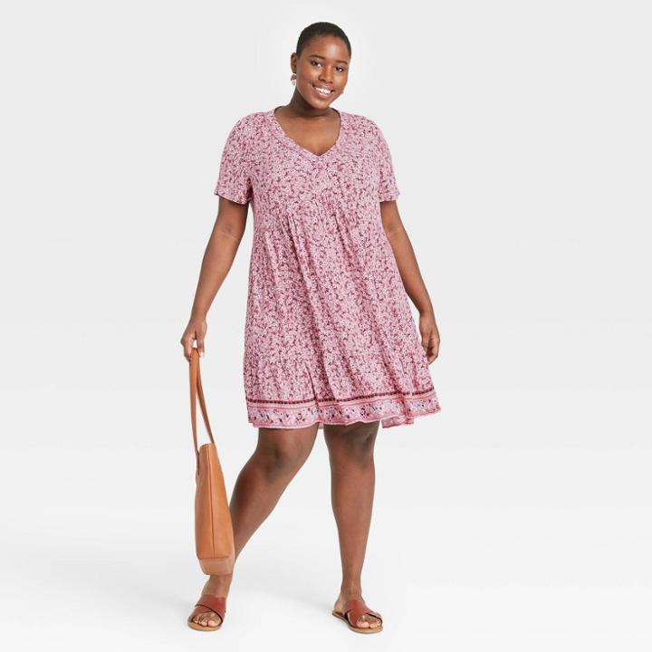 Women's Plus Size Floral Print Short Sleeve Dress - Knox Rose Pink