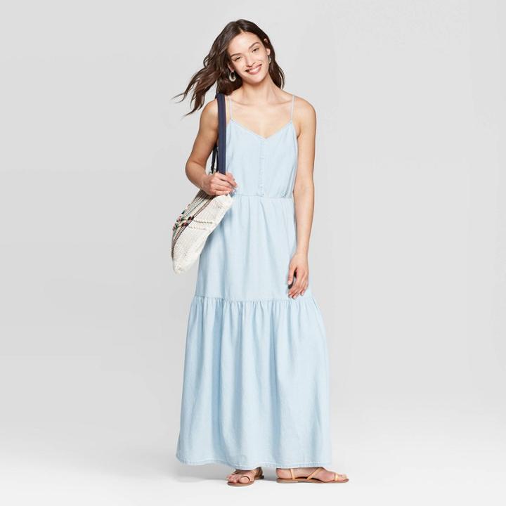 Women's Sleeveless V-neck Button Front Tiered Denim Dress - Universal Thread Blue