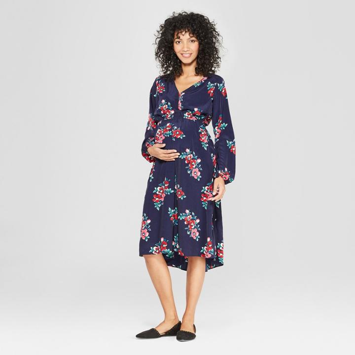 Maternity Floral Print Ruched Woven Dress - Isabel Maternity By Ingrid & Isabel Navy Xxl, Women's, Blue