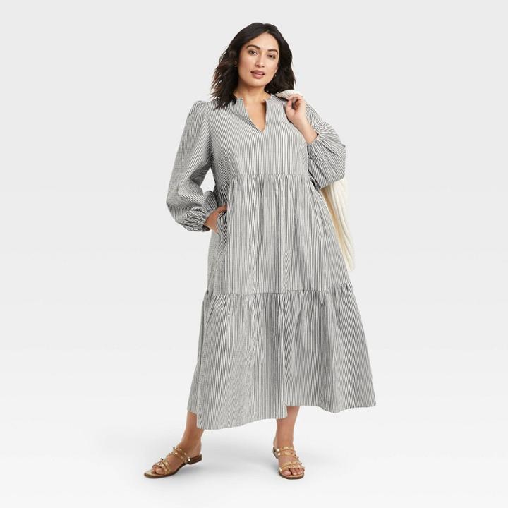 Women's Plus Size Long Sleeve Tiered Dress - A New Day Blue