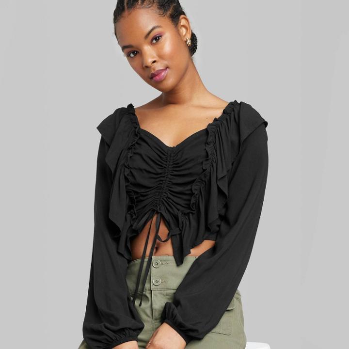 Women's Balloon Long Sleeve Convertible Ruffle Top - Wild Fable Black Xxs