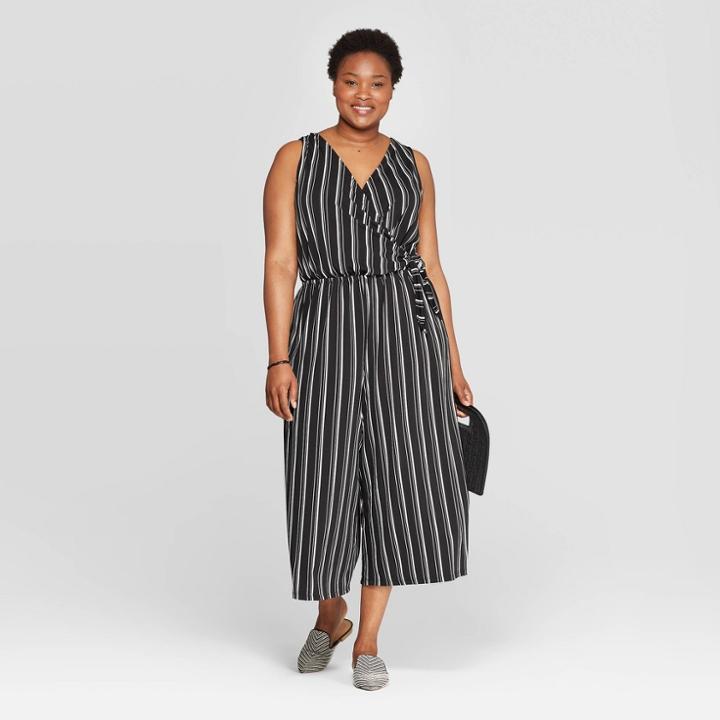 Women's Plus Size Striped Sleeveless V-neck Tie Detail Knit Jumpsuit - Ava & Viv Black/white