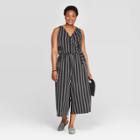 Women's Plus Size Striped Sleeveless V-neck Tie Detail Knit Jumpsuit - Ava & Viv Black/white