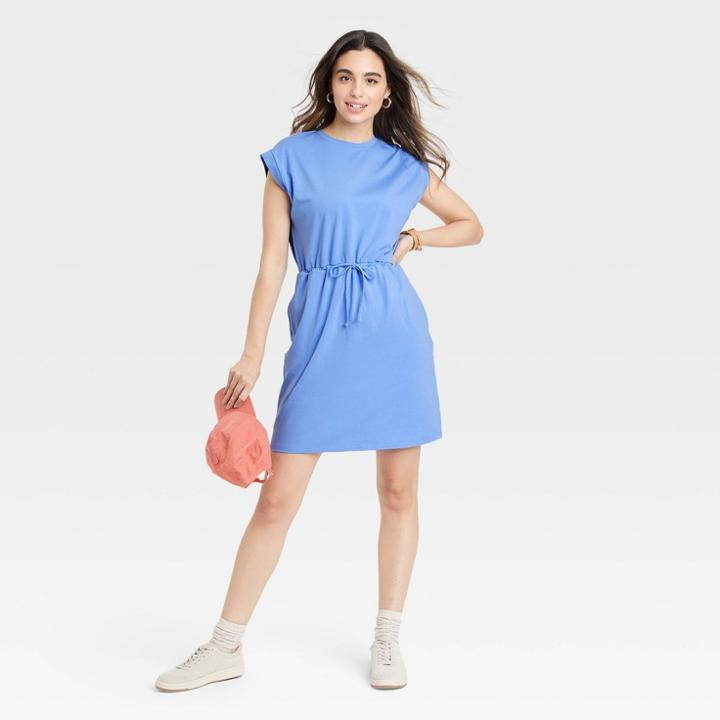 Women's Short Sleeve Extended Shoulder A-line Dress - A New Day Blue