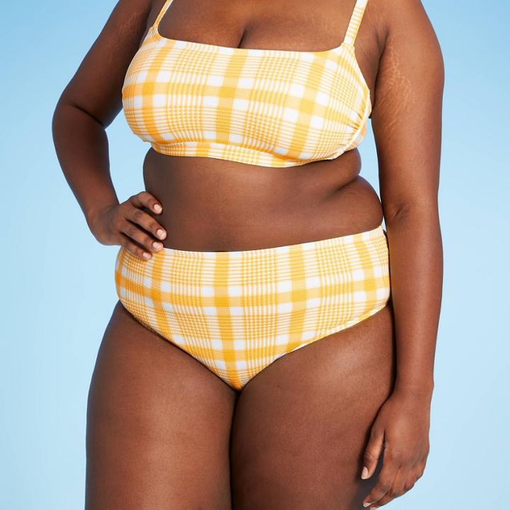 Juniors' Plus Size Textured High Leg High Waist Bikini Bottom - Xhilaration Orange Plaid