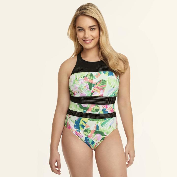 Beach Betty By Miracle Brands Women's Slimming Control Topical Mesh One Piece One Piece Swimsuit - Mint Tropical S, Size: