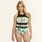 Beach Betty By Miracle Brands Women's Slimming Control Topical Mesh One Piece One Piece Swimsuit - Mint Tropical S, Size: