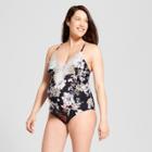Maternity Floral Printed Lace Front One Piece Swimsuit - Sea Angel - Black