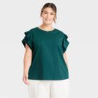Women's Plus Size Flutter Short Sleeve Ruffle T-shirt - A New Day Dark Green