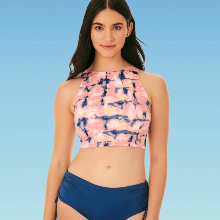 Women's Slimming Control High Neck Bikini Crop Top - Beach Betty By Miracle Brands Coral Tie-dye S, Women's, Size: Small,