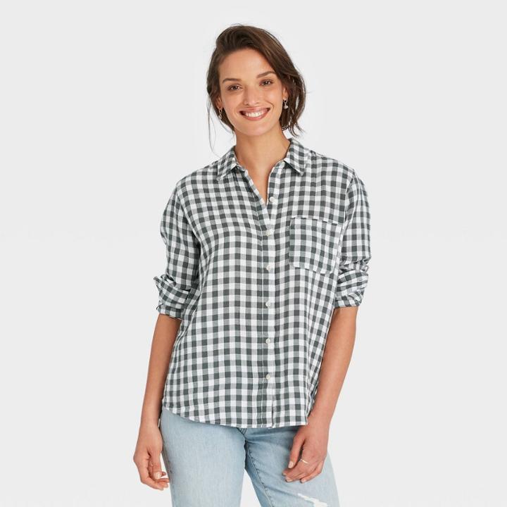 Women's Long Sleeve Gauze Button-down Shirt - Universal Thread Green Plaid