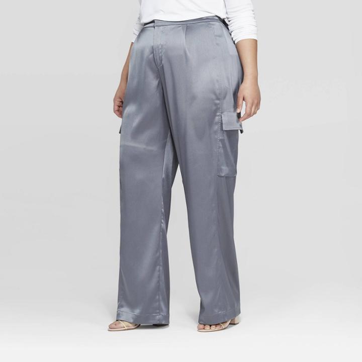 Women's Plus Size Mid-rise Straight Leg Satin Cargo Pants - Prologue Blue