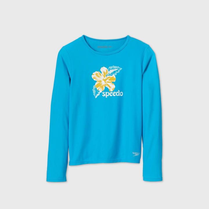 Speedo Girls' Floral Print Long Sleeve Rash Guard Swim Shirt - Blue