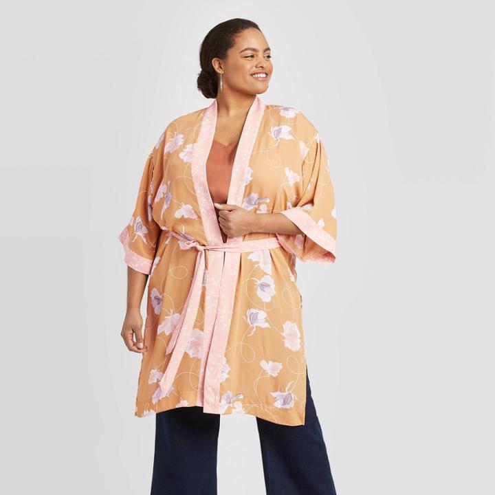 Women's Floral Print Plus Kimono - A New Day Brown One Size, Women's, Green