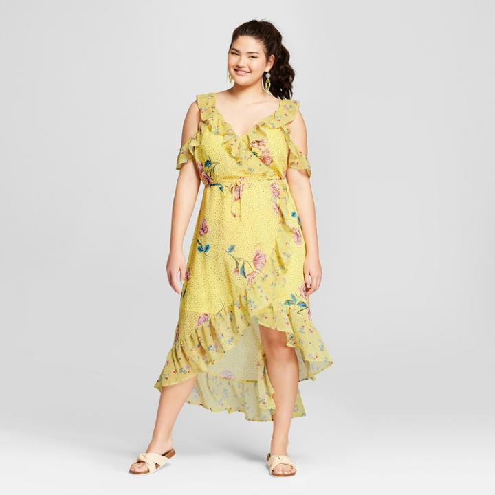 Women's Plus Size Floral Print Cold Shoulder Wrap Dress - Xhilaration Yellow