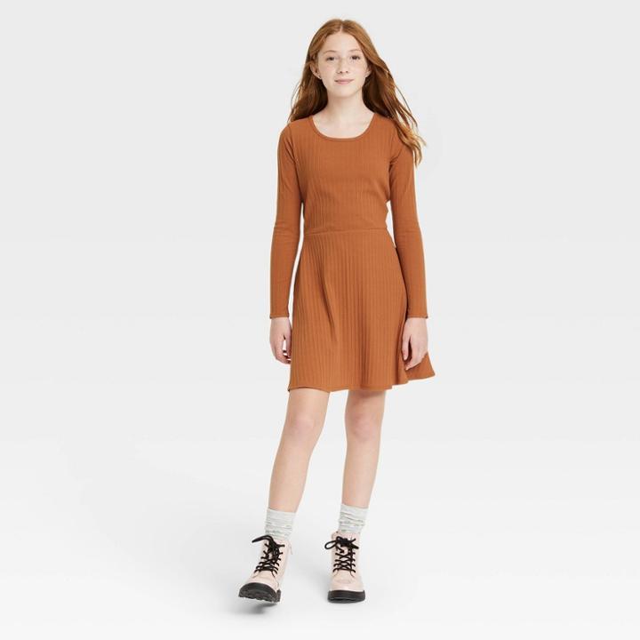 Girls' Skater Long Sleeve Dress - Art Class Tan