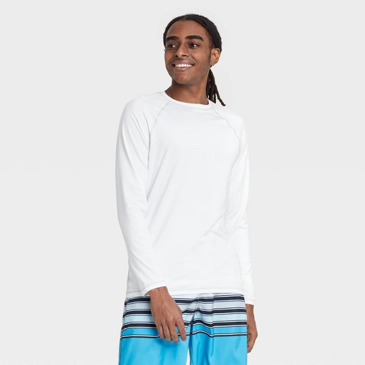 Men's Regular Fit Long Sleeve Rash Guard Swim Shirt - Goodfellow & Co White