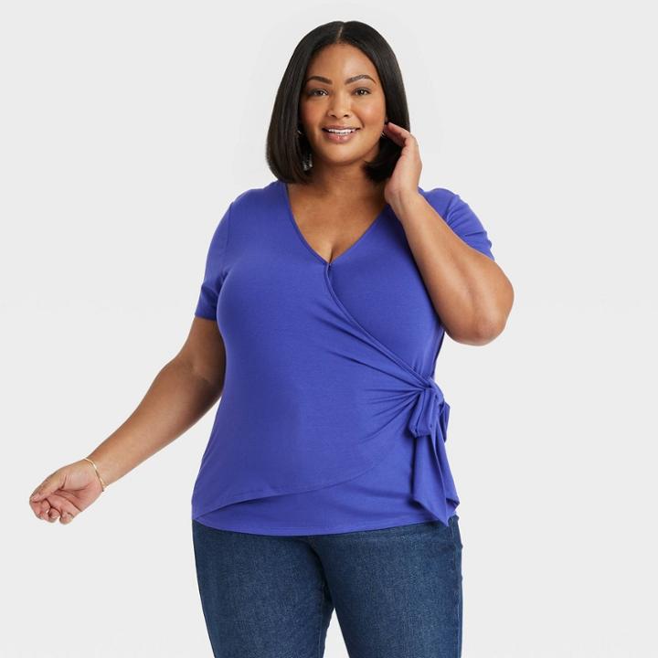 Women's Slim Fit Short Sleeve V-neck Wrap Top - Ava & Viv Purple