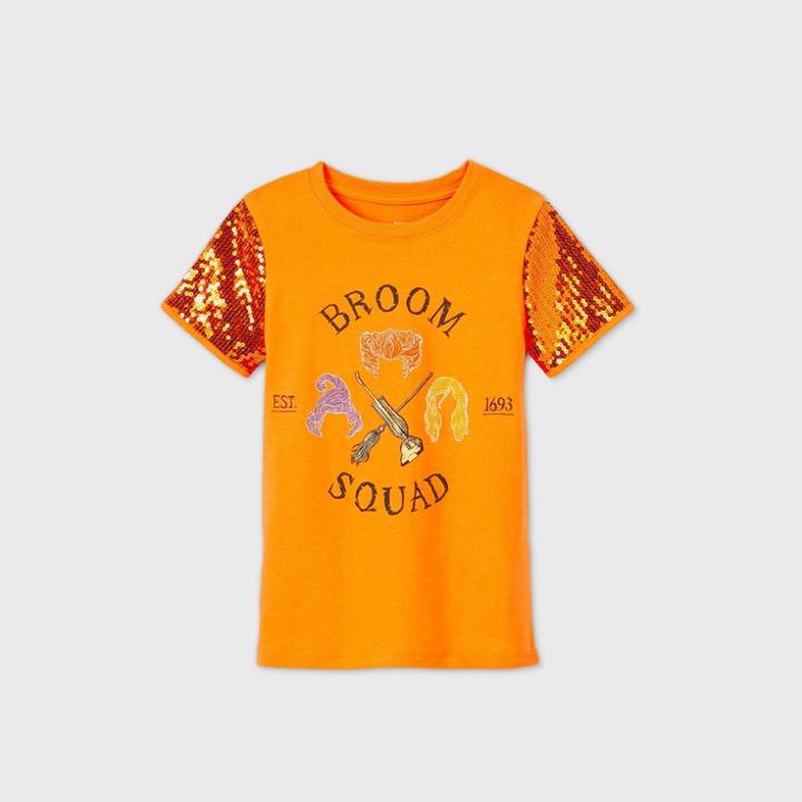 Girls' Disney Hocus Pocus 'broom Squad' Short Sleeve T-shirt - Orange