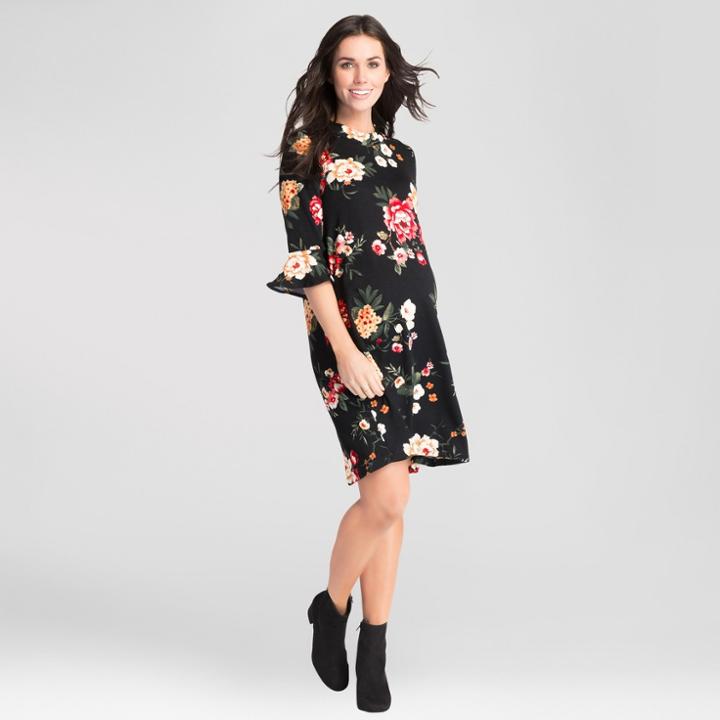 Maternity Floral Print Bell Sleeve Swing Dress - Expected By Lilac - Black Xl, Infant Girl's