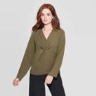 Women's Regular Fit Reglan Long Sleeve V-neck Twist Front Blouse - Prologue Olive
